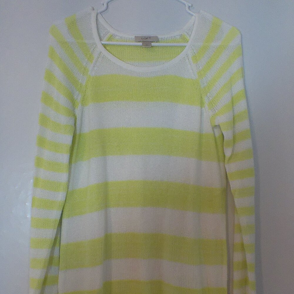 LOFT Yellow & White Striped Lightweight Knit Sweater – Women’s XS – Tie Hem Deta